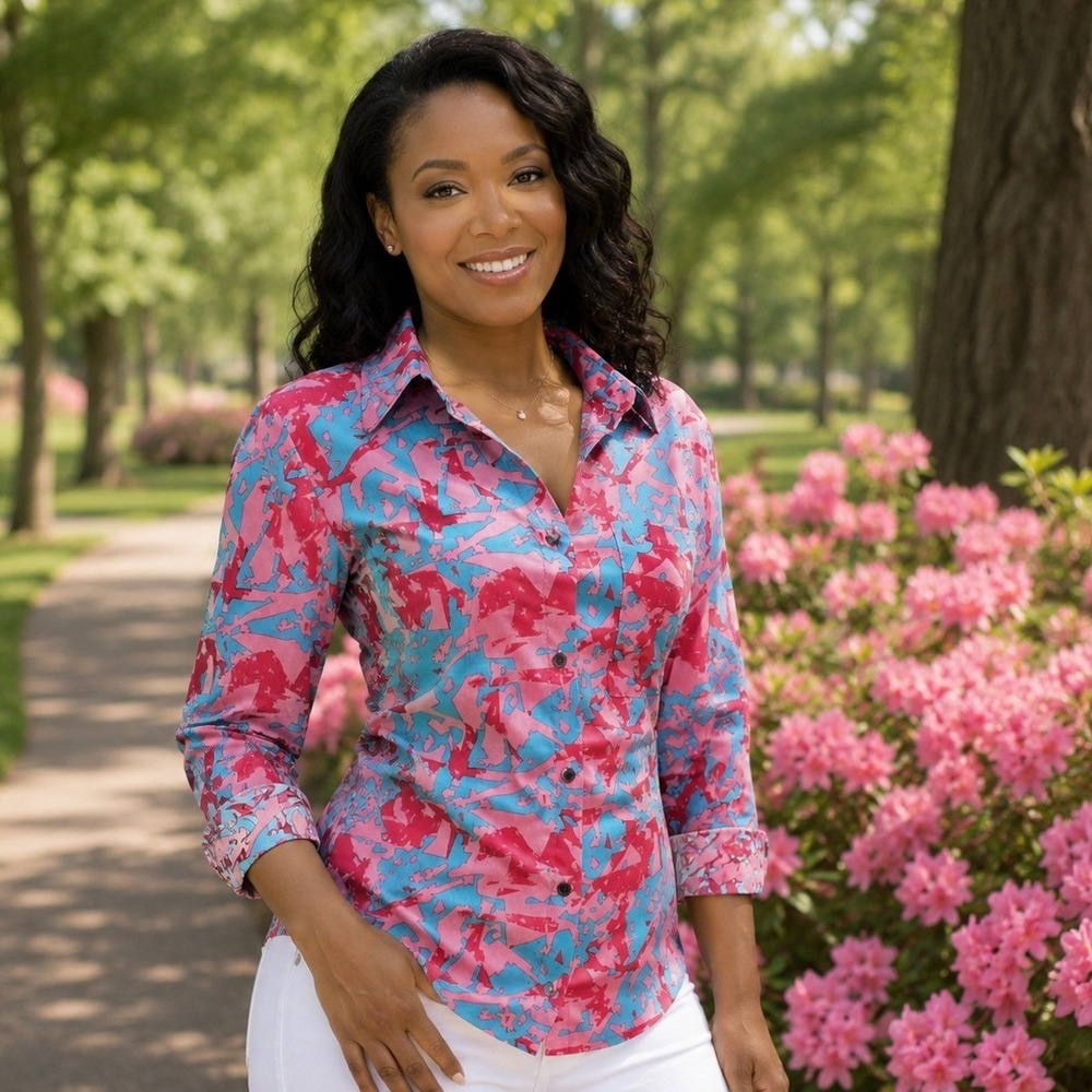 Pink‎ Blue Abstract Splatter Print Button Down Shirt Long Sleeve Blouse 2XL